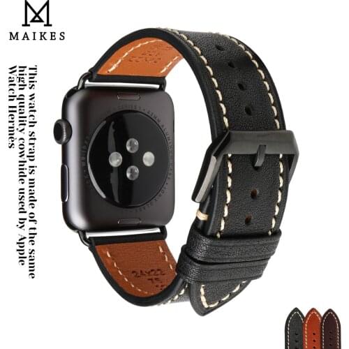 MAIKES Original Leather Band for Apple Watch Loop 44 40mm 42 38mm Genuine Cowhide Watchband Handmade iWatch Strap All Series