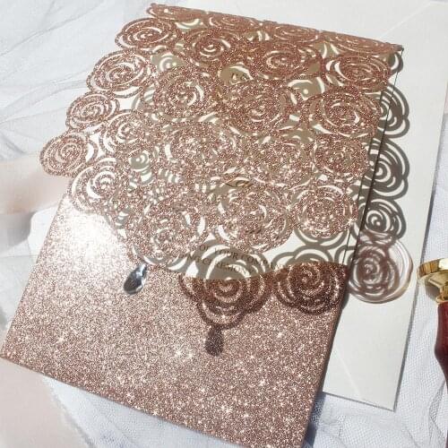 Rose Pocket Wedding Invitations Luxury Glitter Gold Invitation Cards - Set of 50 pcs