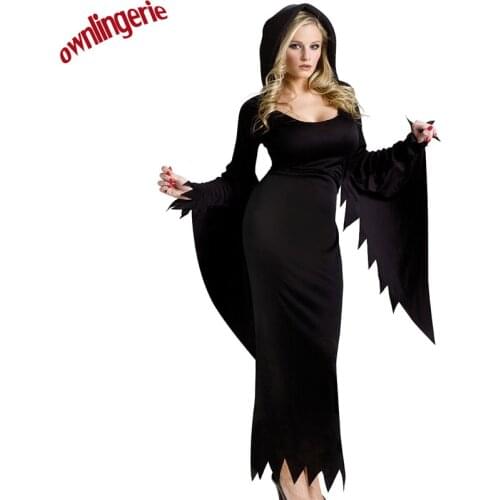 Sexy full black floor length grim reaper fancy dress for halloween party,halloween festival hooded fancy dress clothing