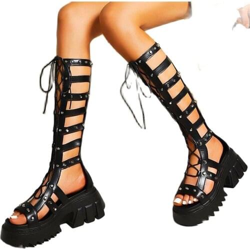 Sexy Party Pumps Gladiators Womens Spike Studded Strappy Summer Knee High Sandals Boots Platform Creepers Goth Punk Open Toe