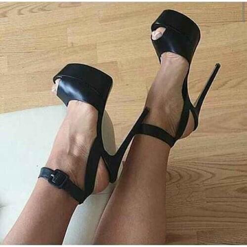 Black Matte Leather Peep Toe Platform Pumps Woman Ankle Strap Thin Heels Sexy Sandal Super High Cutouts Gladiator Shoes