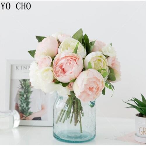 YO CHO Silk Peony Tea Rose Artificial Flowers Bouquet Wedding Decor Table Mariage 10 Heads Bouquet Fake Flowers Home Party Decor