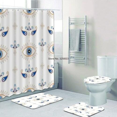 Evil Eye Pattern Abstract Bohemian Shower Curtains Bathroom Curtain Elegant Greece Golden Eye Bath Curtain Mats Set Toilet Decor
