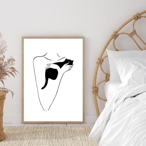 Lady Black Cat Abstract Line Drawing Print Pet Lovers Room Black White Wall Picture Minimalist Poster Canvas Painting Decor