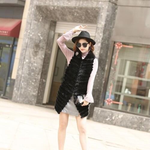 Ladies Otter Stripe Wavy Camisole Long Ladies Fashion Jacket Vest Hooded Fur Vest