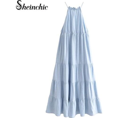 Sexy Blue Spaghetti Strap Pleated Long Dresses for Women 2021 Summer Vacation Boho Bohemian Maxi Beach Dress Femme