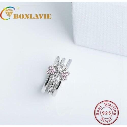 BONLAVIE S925 Sterling Silver Four-leaf Clover Ring Three-in-one Combination Detachable Jewelry Women Fashion Love Bow Ring
