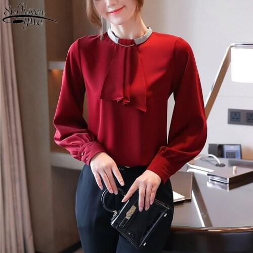 2021 Fashion Women Blouses Office Lady Style Womans Shirts Solid Color Stand-collar Long Sleeve Chiffon Blouse Blusas 10667