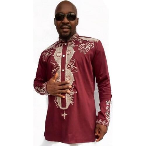 African Clothing National Dashiki Tradition Stand collar Long Sleeves Print Shirt male Hot Sales Maxi Men Red M-3XL Large size