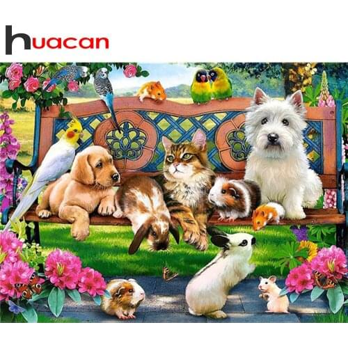Huacan 5d DIY Diamond Embroidery Dog Cat Diamond Painting Full Square/Round Mosaic Park Bench Animal Rabbit Parrot Home Decor