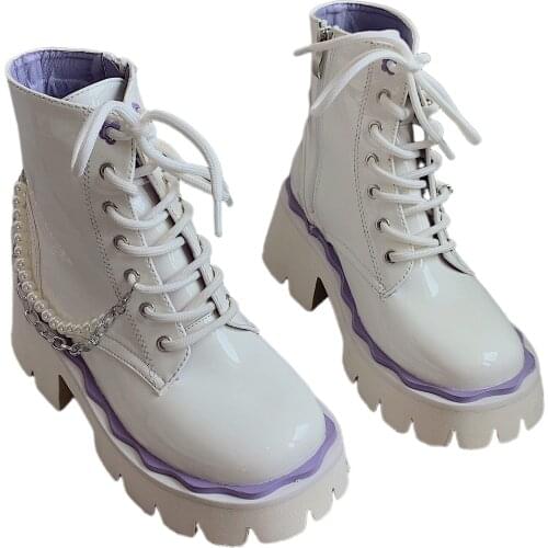 White Platform Boots 2021 Punk Lace Up Chunky Boots Designer Platform Shoes Goth Fall Patent Leather Boots Women Laarzen Dames