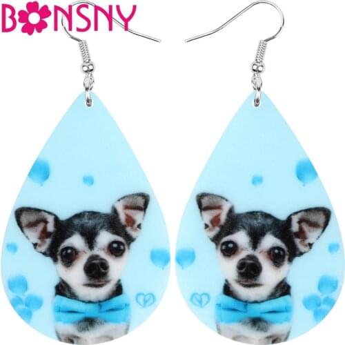 Bonsny Acrylic Teardrop Bow knot Chihuahua Dog Earrings Animal Drop Dangle Jewelry Ornaments For Women Girl Teen Kids Charm Gift