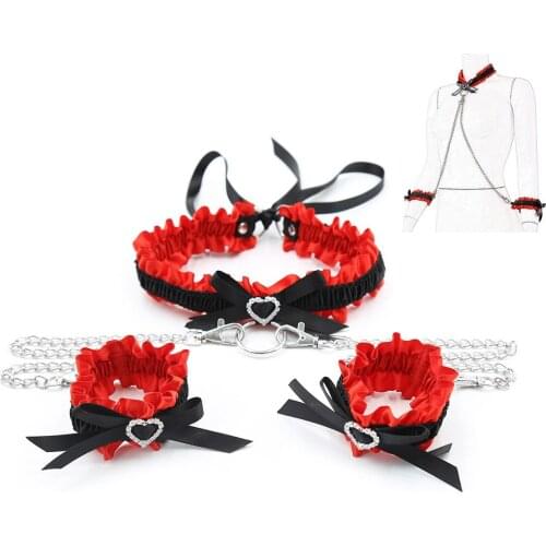 Erotic Lace Handcuffs Neck Collar Accessories With Metal Chain Heart-Shaped Crystal For Couples Flirting,Sexy Intimacy Product