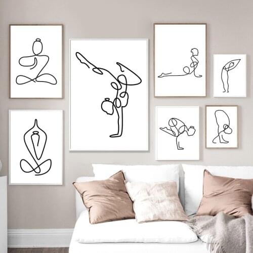 Yoga Pose Abstract Line Drawing Art Canvas Painting Black White Minimalist Posters and Prints Gym Yoga Room Wall Pictures Decor