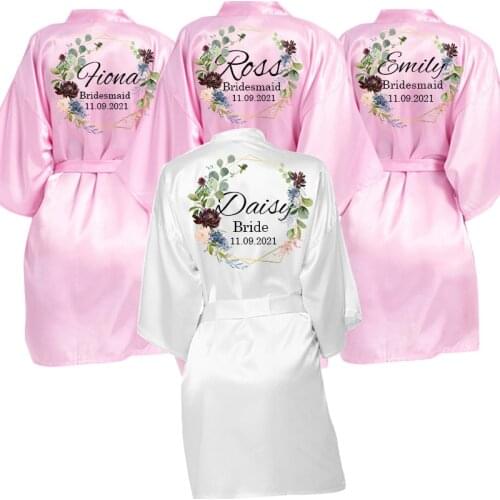 Personalized Custom Name Flower Print Wedding Satin Dressing Gown Bride Team Robes Bridal Party Robes Bridesmaid Robes gift