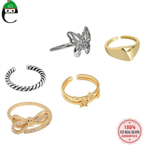 ElfoPlataSi Real 925 Sterling Silver Fashion Butterfly twist Star Opening Ring For Women Wedding Party Fine Jewelry Gift DD1224