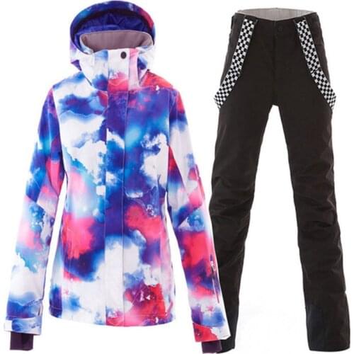 SMN Womens Snow Suit Outdoor Sports Costume Skiing Wear Waterproof Windproof Snowboarding Sets Ski Jackets + Bibs Pants Female