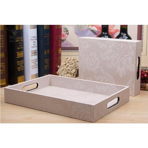 Fashion L/S rectangle wooden structrue luxury tray leather serving tray wooden trays for home decoration PFT005