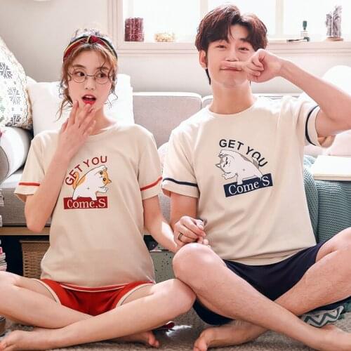 New Summer Lovers Pyjamas 100%Cotton Cartoon Couple Pajamas Set Short Sleeve Loose Soft Plus Size M-3XL Man And Womens Pajamas