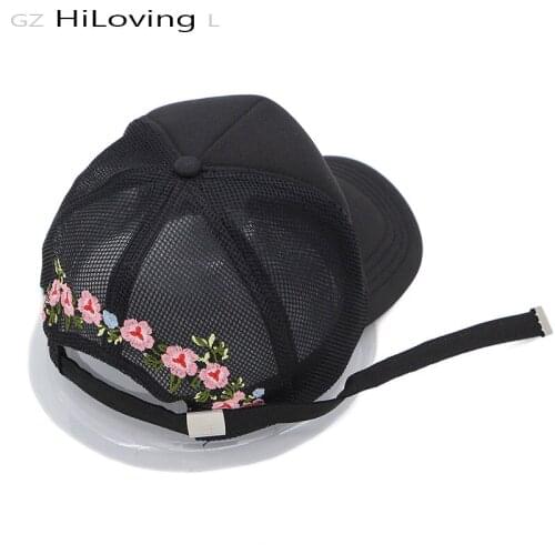GZHilovingL News Women Flower Embroidery Baseball Cap Adjustable Hats Ladies Cotton Black Hip Hop Cap Summer Mesh Baseball Cap