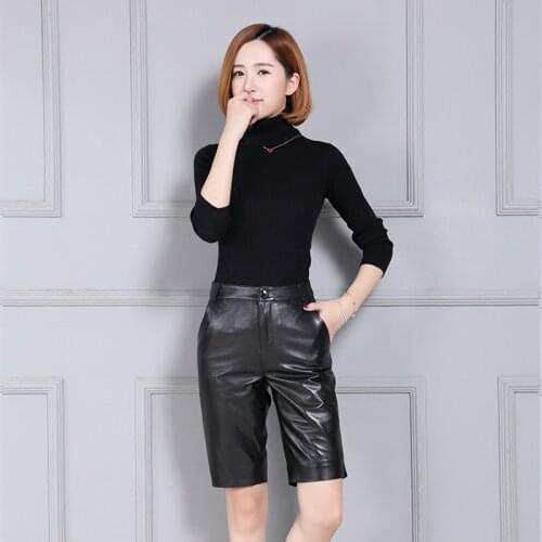 Office Lady Slim Knee Real Pants Casual Genuine Leather Lambskin Pencil Pant Half Length Trousers Women Fashion