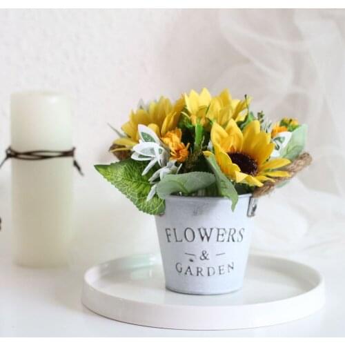 Sun Flower Sunflower Fake Flowers In Metal Potted Decorations Plant Set Thick Hemp Rope Retro Tin Bucket Simulation Bonsai