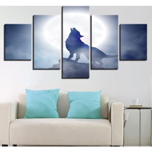 Home Decor Living Room Poster 5 Pieces Full Moon Night Animal Wolf Howl Canvas Paintings Wall Art HD Prints Pictures Framework