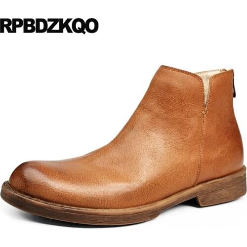 Plus size short mens zipper dress boots wedding formal brown 2018 fall shoes full grain leather booties designer genuine retro