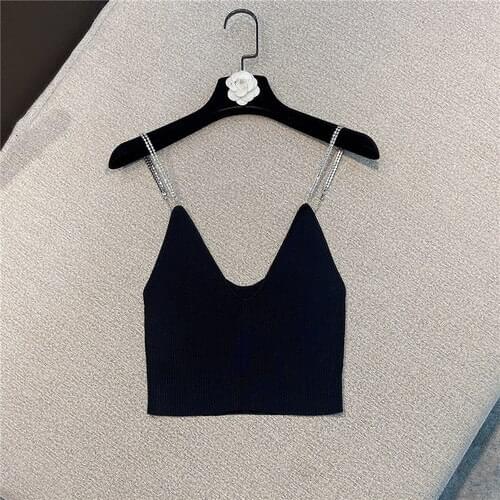 Sexy Drill Chain Shoulder Strap Camisole Women Simple All-Match Knitted Spaghetti-Strap Tank Top 2021 Summer New Arrival
