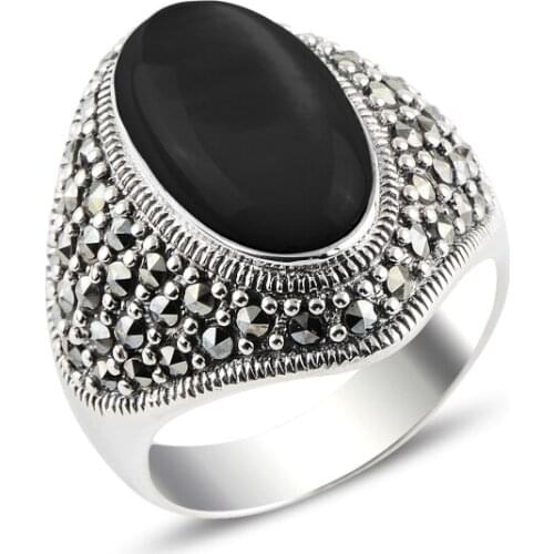 Silverlina Silver Onyx & Marcasite Ring