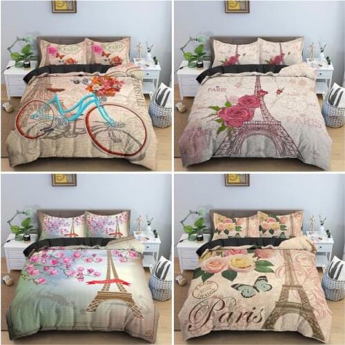 Vintage Style Duvet Cover Set Eiffel Tower Scenery Bedding Set With Pillowcase 2/3 PCS Comforter Cover for Bedroom
