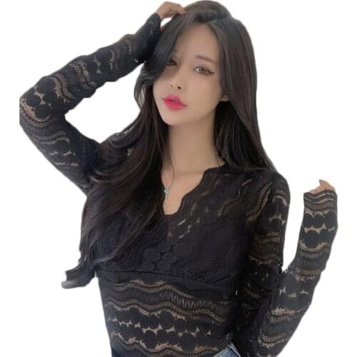 V-neck Lace Bottoming Shirt for Women Spring Sexy Thin Tops Ladies Slim Lace Transparent Long-sleeve Blouses NS2476