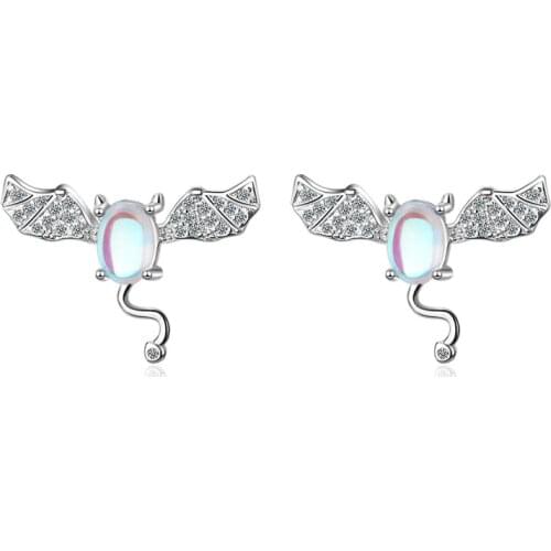 KOFSAC New Fashion 925 Sterling Silver Stud Earrings For Women Exquisite Moonstone Little Devil Earring Shiny CZ Bat Ear Jewelry