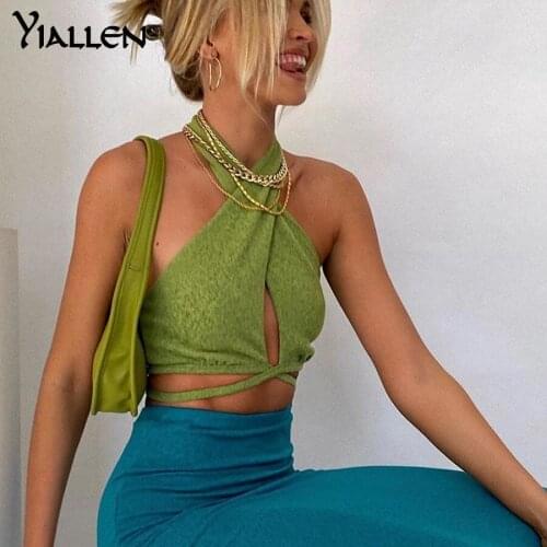 Yiallen Out Halter Green Tops For Women Y2k Sleeveless Backless Sexy Lace Up Bandage Club Party Wear Bralette Tank Topstreetwear