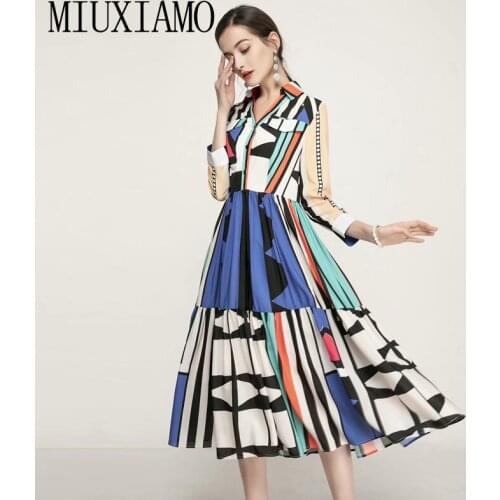 MIUXIMAO Runway 2021 Spring New Women Vintage Elegant Geometric Color Matching Print Fashion Office Slim Midi Dress Vestidos