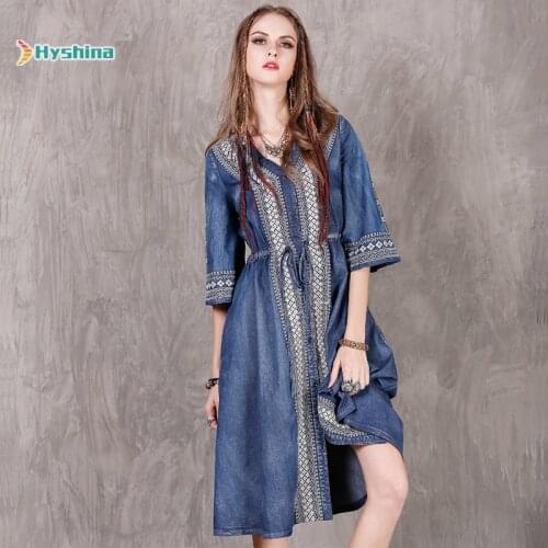 Womens Dress New Embroidered Large Denim Skirt Retro V-neck Drawstring Dress