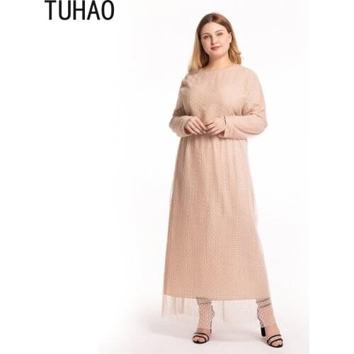 TUHAO Summer Fall Dot Print Mesh Patchwork Large Size Womans Dress Elegant High Waist Long Sleeve Midi Dresses Female T6088
