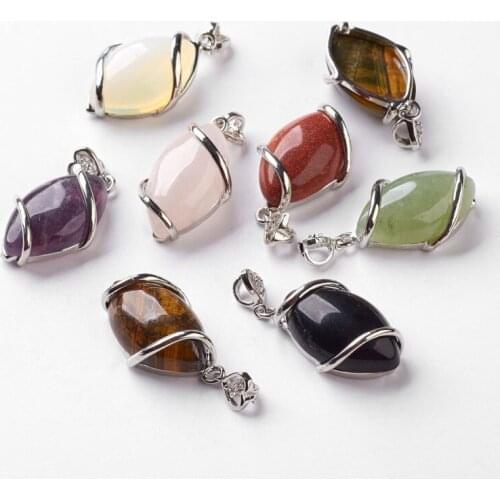 10pcs 38x17.5x7~9mm Natural Stone Horse Eye Pendants Charms with Brass Rhinestone Findings Jewerly Necklace Decor Hole: 2.5x4mm