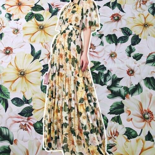145CM Camellia Print Soft Chiffon Scarf Cloth Polyester Chiffon Fabric For Sewing Dress Patchwork DIY Clothing Tissu au metre