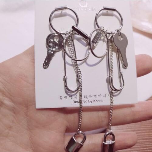 2020 Personality Key Lock Asymmetric Long Chain Geometry Pendant Metal Tassel Drop Earring Fashion Jewelry Exquisite Earring