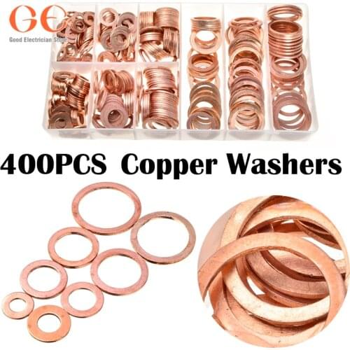 400pcs Sizes Assorted Solid Copper Crush Washers Seal Flat Ring Set with Case washers