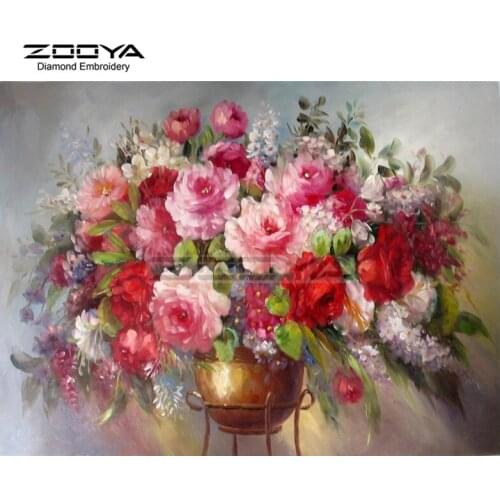 5D Round Drill Diy Diamond Painting Peony Floral Blossoming Needlework Full Diamond Embroidery Modern Home Decoration CJ38