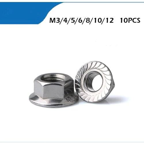 Free shipping 10Pcs DIN6926 GB6183 M3 M4 M6 M8 M10 M12 304S Steel Locknut Hexagonal Padded Nylon Skid Flange Lock Nut HW053