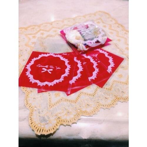 Free shipping red lace bow decoration cookie bag self adhesive plastic bags candy gift packing bags supply favors