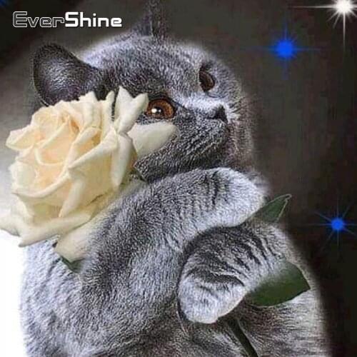EverShine Full Drill Square Diamond Embroidery Animal 5D Diamond Painting Cat Rhinestones Rose Picture Mosaic Handmade Gift