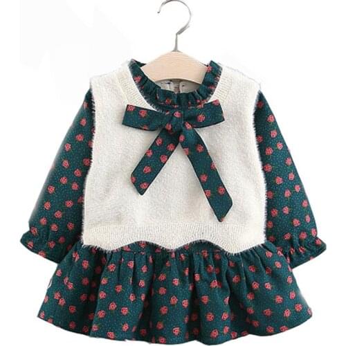 2PCS Newborn Baby Girl Clothes Kids Lounge Set Children Dress Long Sleeve Floral Printed + Knitted Vest Clothing Sets