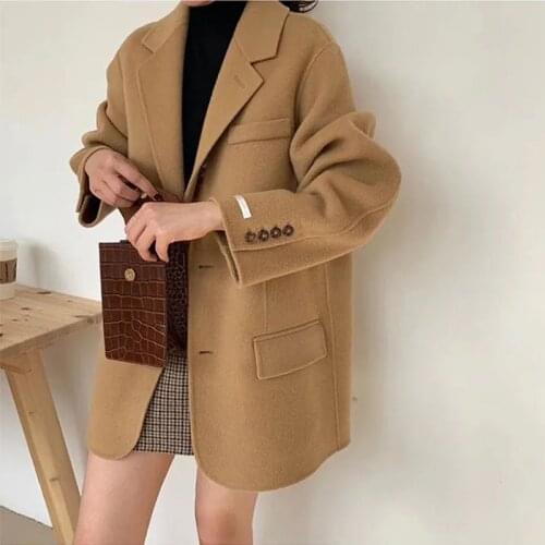 Korean Version Of Double-Sided Cashmere Coat Womens Single-Breasted Solid Color Small Suit Retro Ladies Woolen Warm Jacket 2021