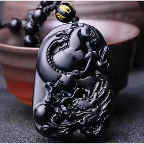 Pretty Genuine Natural Black Obsidian Carved Chinese Zodiac Horse Amulet Lucky Blessing Pendant Free Necklace Fahion Jewelry