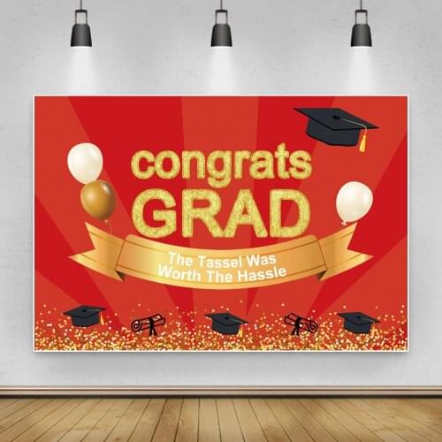 Laeacco Congrats Grad Balloons Cap Gold Red Dots Customized Poster Portrait Photographic Background Photo Backdrop Photo Studio