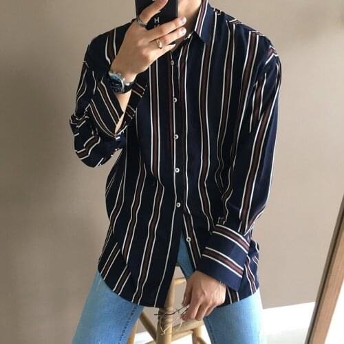 Fashion Striped Long Sleeve Shirt Men Korean Style Single-Breasted Button Cardigan Mens Shirt Simple Lapel Bottoming Men Top